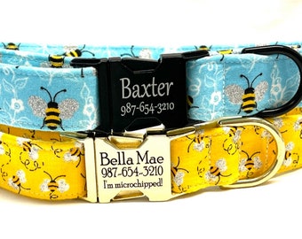 Glitter Bumble Bee Personalized Dog Collar - Laser Engraved Buckle - Yellow or Blue