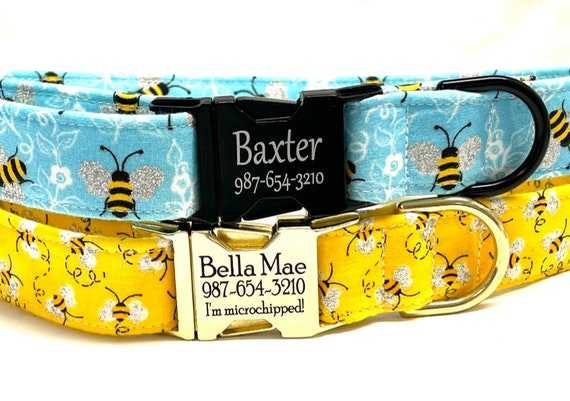 Glitter Bumble Bee Personalized Dog Collar - Laser Engraved Buckle - Yellow or Blue