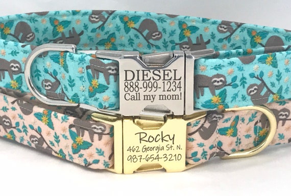 Personalized Dog Collar - Engraved Buckle - Sloths in Mint, Peach