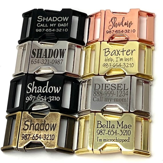 Add On ONLY: Personalized Laser Engraved Metal Dog Collar Buckle - Rose Gold - Silver- Gold - Black - Antique Brass 5/8" - 3/4" - 1" - 1.5"