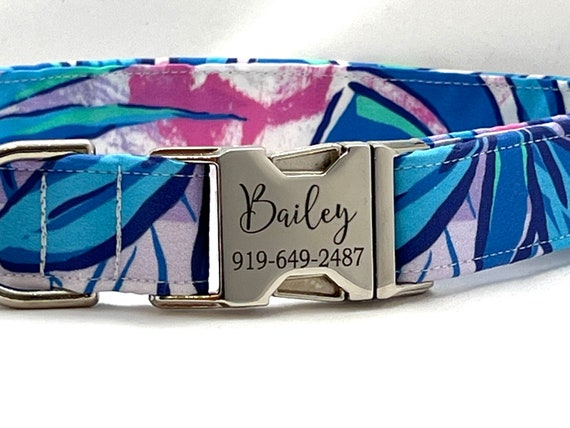 Tropical Dog Collar for Boy, Girl - Personalized Engraved Buckle - Blue Island Beach