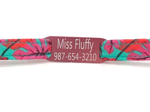 Tropical Cat Collar - Personalized Slide-On ID Tag- Breakaway - Hot Pink Tropical Leaves