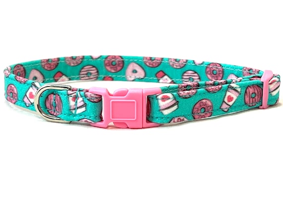Valentine’s Day TINY DOG Collar for Boy Girl - Aqua & Pink Lattes and Doughnuts