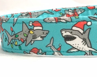 Christmas Dog Collar for Boy, Girl - Sharks Wearing Santa Hats Aqua