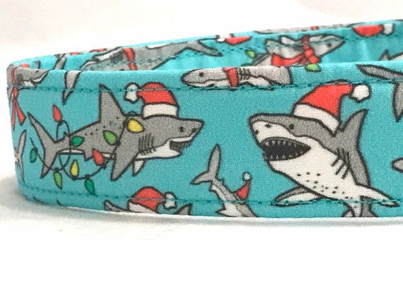 Christmas Dog Collar for Boy, Girl - Sharks Wearing Santa Hats Aqua