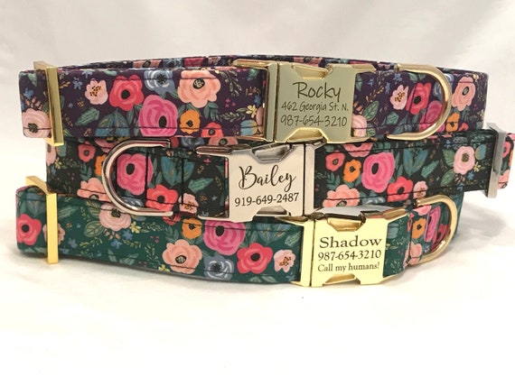 Dog Collar - Personalized Engraved Buckle - Retro Flowers