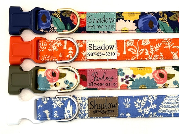 Rifle Paper Co. Personalized Dog Collar for Girl, Boy - Pleather Name Patch - Vintage Garden, Toile Prints