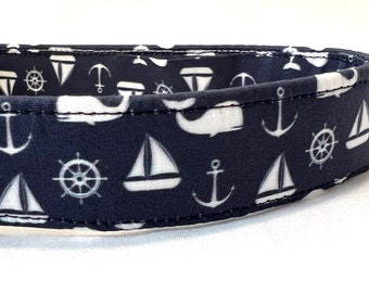 Nautical Dog Collar for Boy, Girl - Maritime Sailboats, Whales, Anchors, Helm