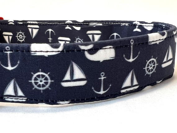 Nautical Dog Collar for Boy, Girl - Maritime Sailboats, Whales, Anchors, Helm