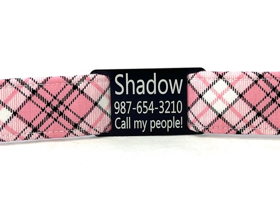 Plaid Dog Collar for Girl - Personalized with Slide On ID Tag - Preppy Pink