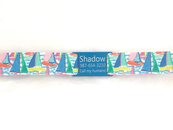 Nautical Dog Collar Personalized with Slide On ID Tag - Colorful Sailboats