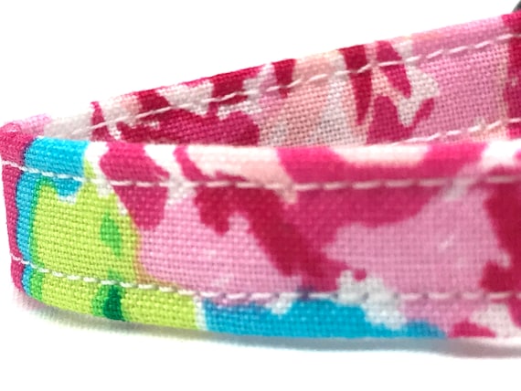 Cat  Collar for Girl - Preppy Floral - Pink Aqua Roses - Breakaway