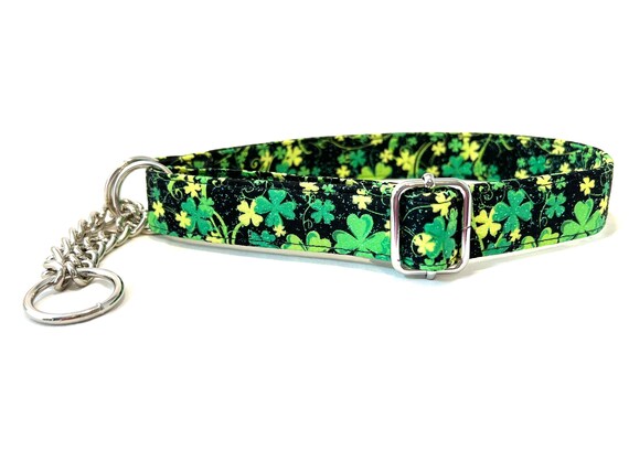 St. Patrick's Day Chain Martingale Dog Collar 1" Wide - Lucky Shamrocks with Glitter on Black - Rose Gold, Antique Brass, Gunmetal