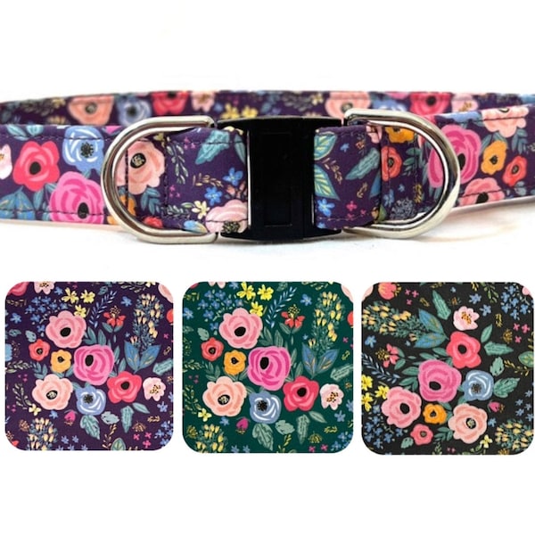 BREAKAWAY Dog Collar for Boy, Girl - Safety - Retro Flowers - Dark Plum - Green- Black