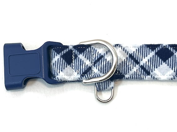 Preppy Blue Plaid Dog Collar with Extra D-Ring for Boy, Girl - Soft Flannel
