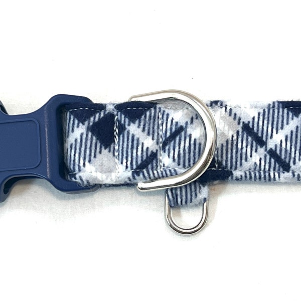 Preppy Blue Plaid Flannel Dog Collar with Extra D-Ring for Boy, Girl - Soft Fabric