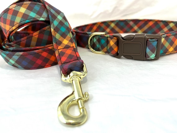 Fall Dog Collar Leash Set - Harvest Plaid - Retro Brown Plaid