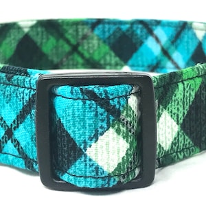 Aqua Green Plaid Dog Collar for Boy, Girl