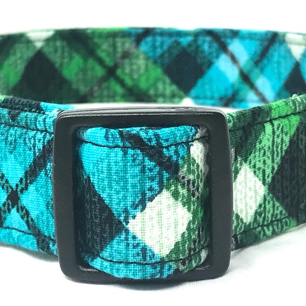 Aqua Green Plaid Dog Collar for Boy, Girl