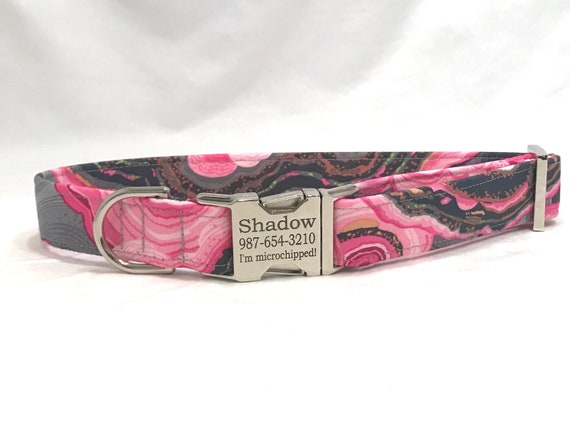 Personalized Dog Collar - Laser Engraved Buckle - Tropical Pink or Purple Marble