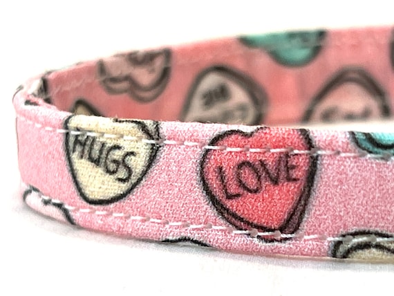 Valentine’s Day Cat Collar for Boy Girl - Pink Conversation Hearts - 3/8” Breakaway Buckle