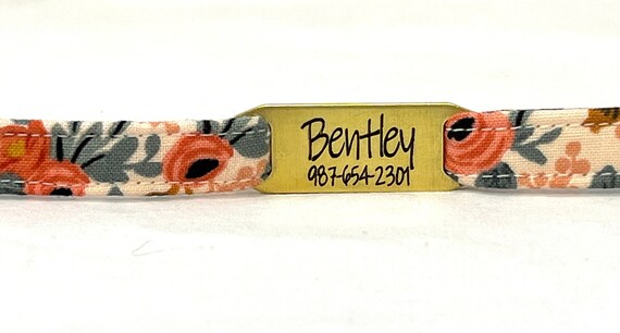 Personalized Breakaway Cat Collar - Rifle Paper Co - Slide-On Tumbled Brass ID Tag - Le Fleurs Rosa Flora Peach