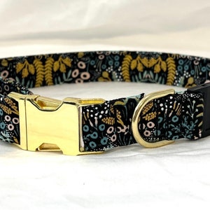 Rifle Paper Co BREAKAWAY Dog Collar with Metal Side-Release Buckle - Teal and Metallic Gold Flowers- Safety Collar
