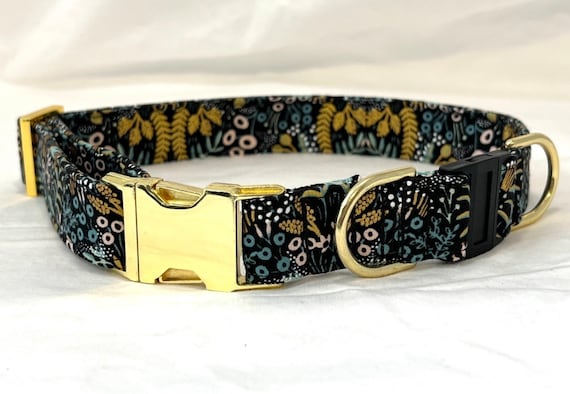 Rifle Paper Co BREAKAWAY Dog Collar with Metal Side-Release Buckle - Teal and Metallic Gold Flowers- Safety Collar