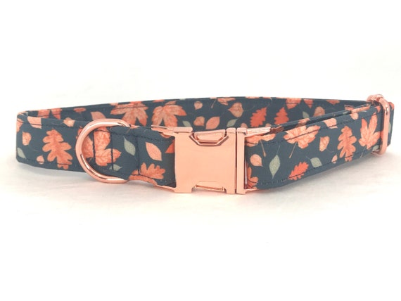 Fall Dog Collar - Autumn Leaves Peach - Metal Rose Gold Buckle - NO ENGRAVING