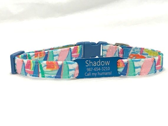 Personalized Cat Collar - Slide-On ID Tag - Breakaway - Colorful Sailboats
