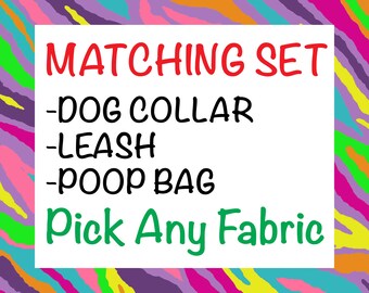 MATCHING SET: Plastic Buckle Dog Collar, Leash w/D-Ring, Poop Bag Holder - Pick Any Fabric