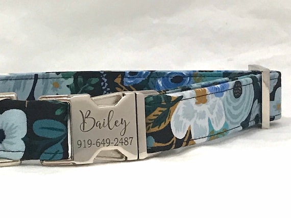 Rifle Paper Co Personalized Dog Collar -  Laser Engraved Buckle - Big Blue Flowers
