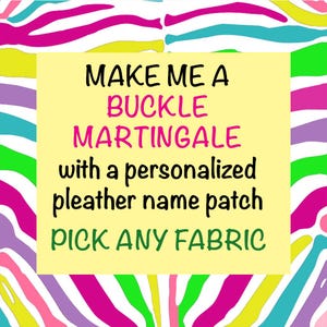May include: A square graphic with a pale yellow center and a multi-colored zebra stripe border in pink, blue, green, and purple. The text reads: MAKE ME A BUCKLE MARTINGALE with a personalized pleather name patch PICK ANY FABRIC.