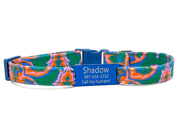 Cat Collar - Personalized Slide-On ID Tag - Breakaway - Boho Scroll - Emerald Green