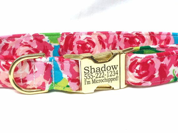 Personalized Dog Collar for Girl - Laser Engraved Buckle - Preppy Floral - Pink Aqua Roses