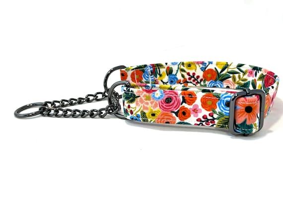 Rifle Paper Co. Chain Martingale Dog Collar 1" Wide -Garden Party Red - Rose Gold, Antique Brass, Gunmetal