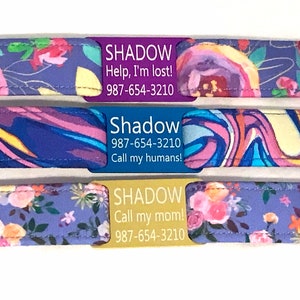 Personalized Dog Collars - Engraved Slide On ID Tag - Purple Florals - Blue Psychedelic