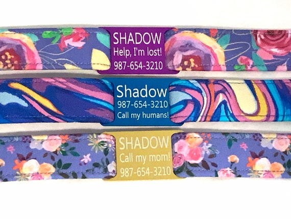 Personalized Dog Collars - Engraved Slide On ID Tag - Purple Florals - Blue Psychedelic