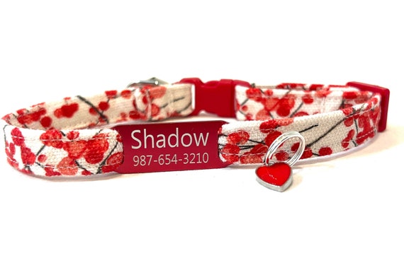 Red Valentine's Day Cat Collar w/Slide-On Engraved ID Tag - Enamel Heart Charm-  Breakaway Buckle - 3/8"