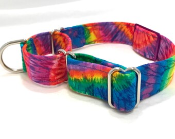 Tie Dye Classic Martingale Dog Collar with Personalized ID Tag - Neon Rainbow Festival