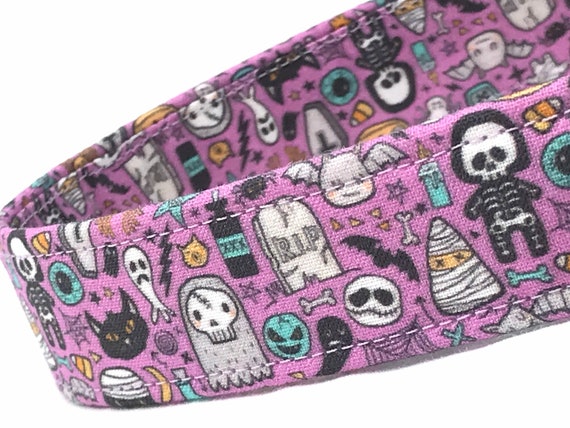 Cute Halloween Dog Collar - Skeletons, Ghosts, Candy Corn -Purple