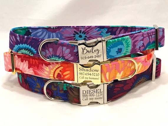 Personalized Dog Collar - Engraved Buckle - Beautiful Big Flowers