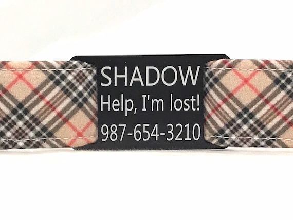 Plaid Dog Collar - Personalized with Slide On ID Tag - Tan, Red, Black