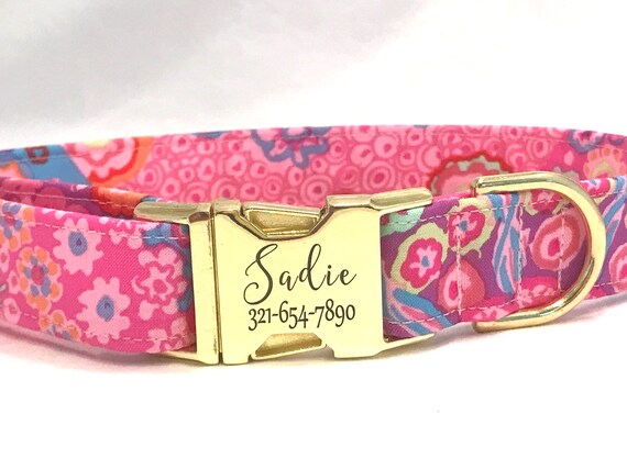 Tropical Dog Collar -Personalized Laser Engraved Buckle - Pink Treasure