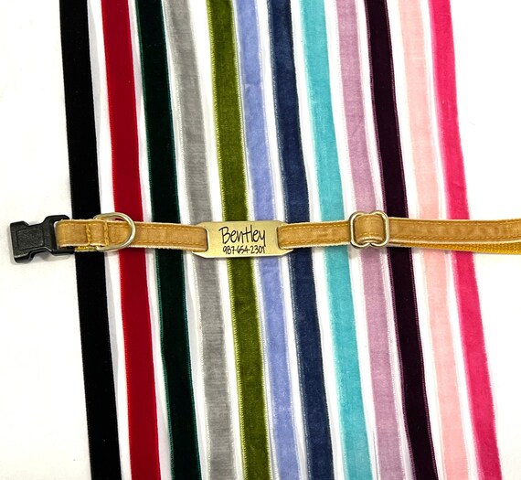 Velvet Cat Collar - Breakaway - Personalized Slide-On Engraved Brass ID Tag - 3/8"