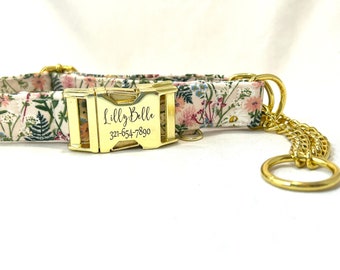 Chain Martingale Dog Collar - Personalized Laser Engraved Buckle - Pick Any Fabric