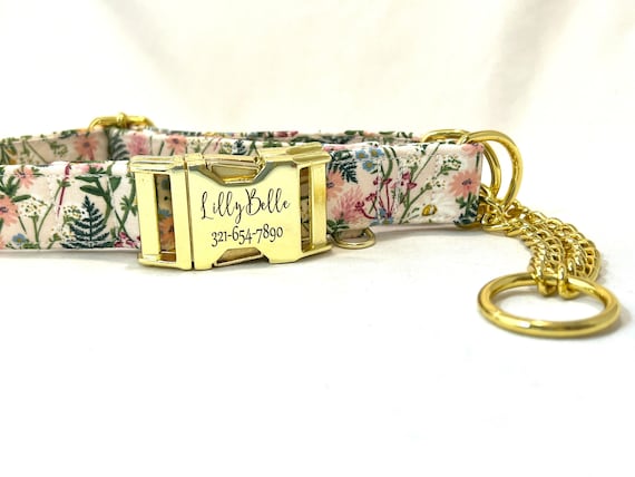 Chain Martingale Dog Collar - Personalized Laser Engraved Buckle - Pick Any Fabric