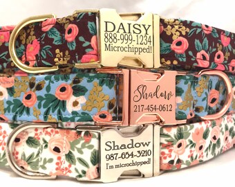 Personalized Rifle Paper Co Dog Collar - Engraved Buckle - 2021 Rosa Flora - Burgundy - Blue - Peach