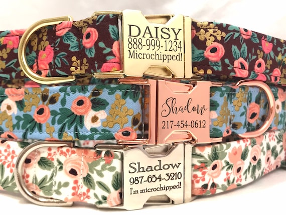 Personalized Rifle Paper Co Dog Collar - Engraved Buckle - 2021 Rosa Flora - Burgundy - Blue - Peach