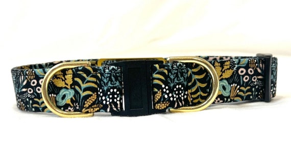 Rifle Paper Co. Personalized BREAKAWAY BUCKLE Dog Collar - with Slide On ID Tag - Safety - Teal and Gold Flowers